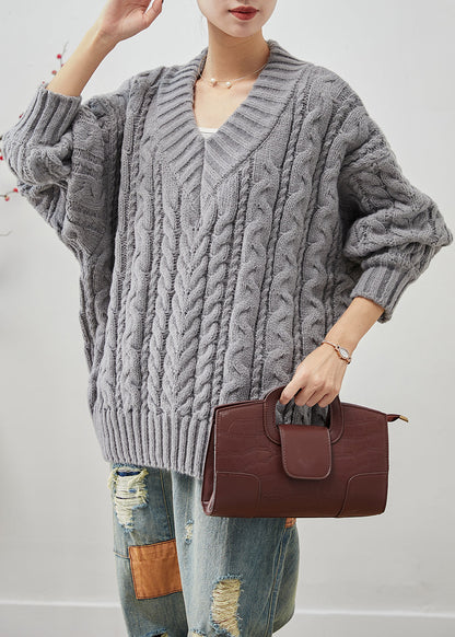 Grey Oversized Thick Cable Knit Sweater Tops Winter