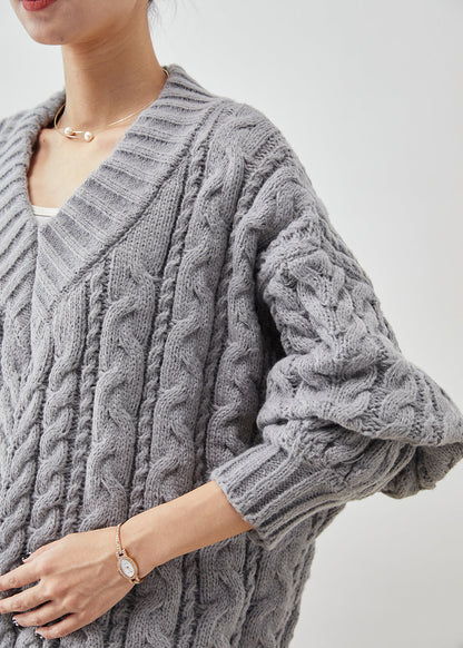 Grey Oversized Thick Cable Knit Sweater Tops Winter