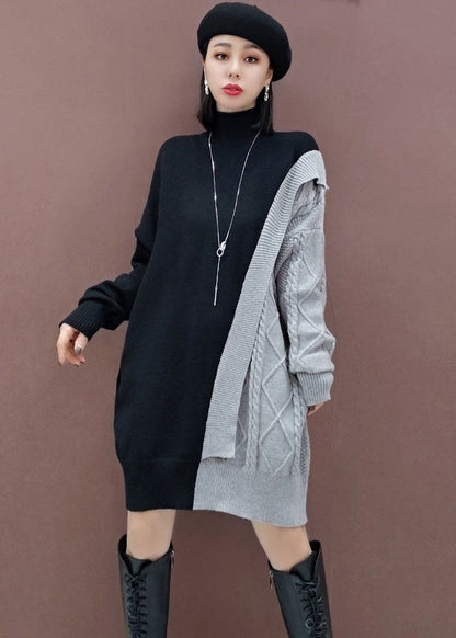 Grey Patchwork Knitted Dress Winter