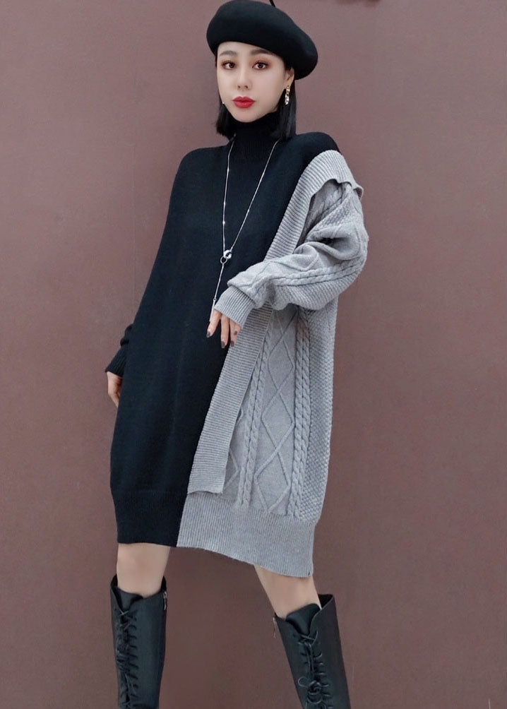 Grey Patchwork Knitted Dress Winter