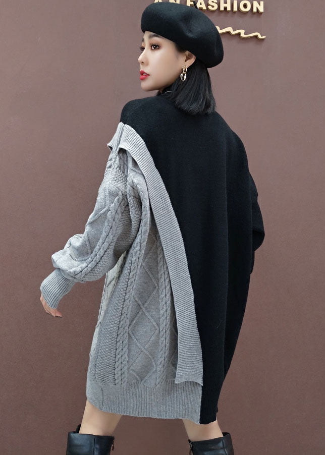 Grey Patchwork Knitted Dress Winter
