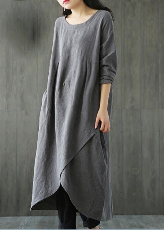 Grey Patchwork Linen Long Dresses Spring