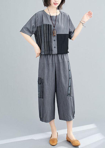 Grey Patchwork Print Two Piece Set Clothing Summer Linen