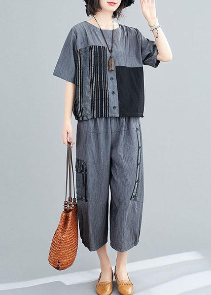 Grey Patchwork Print Two Piece Set Clothing Summer Linen