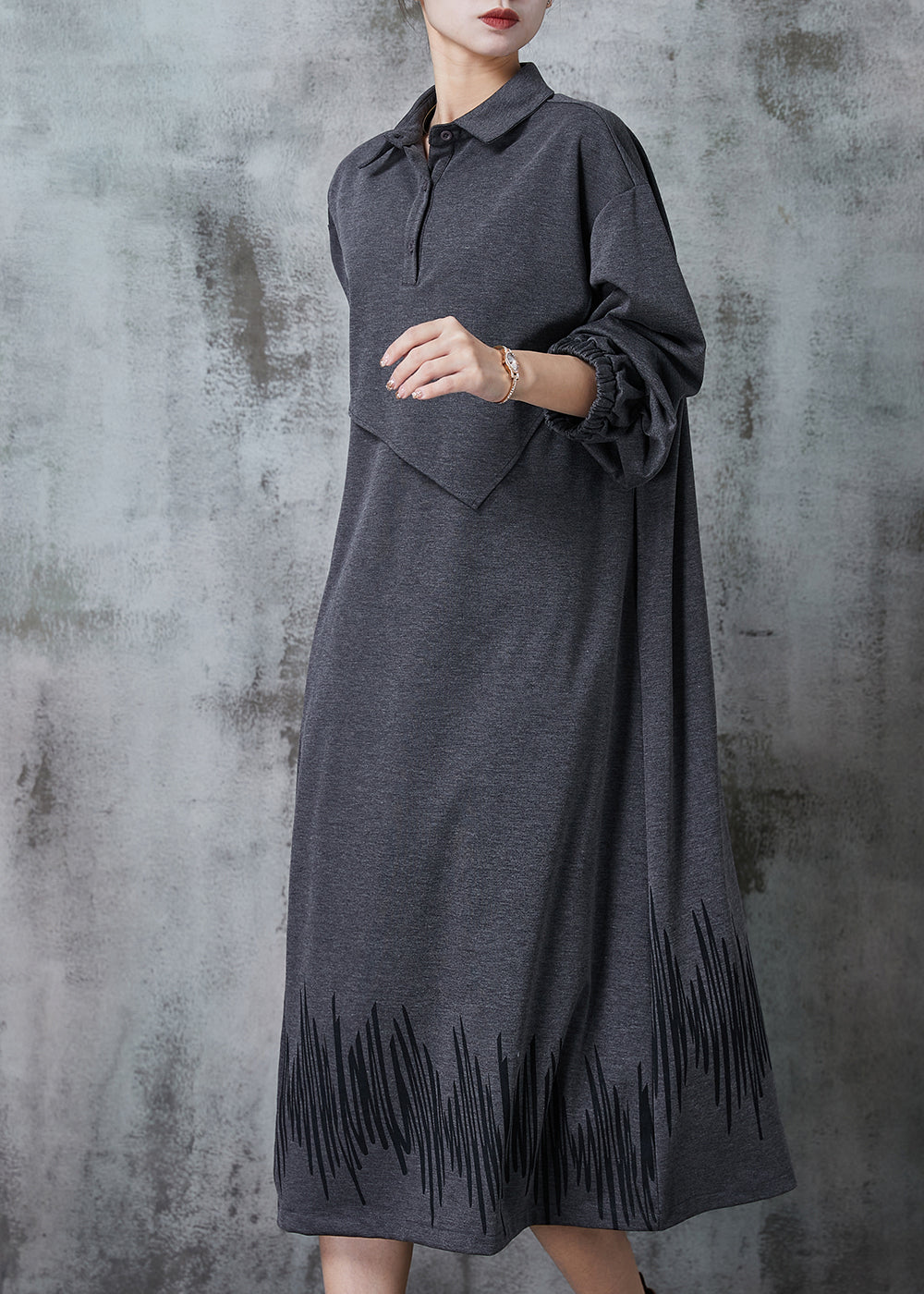 Grey Peter Pan Collar Patchwork Cotton Maxi Dresses Spring