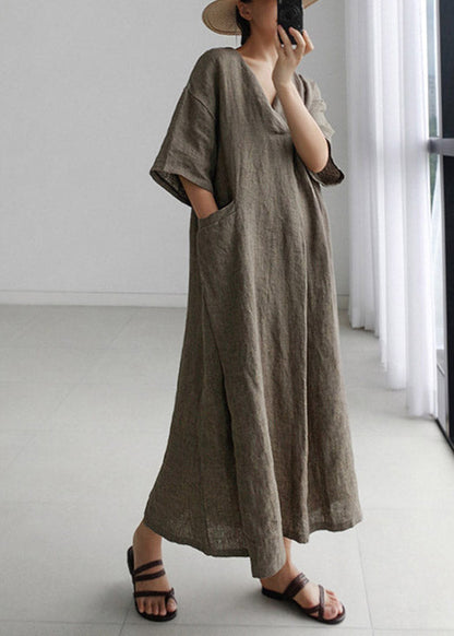 Green Peter Pan Collar Pockets Linen Long Dresses Short Sleeve
