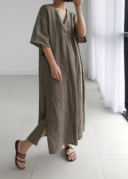 Grey Peter Pan Collar Pockets Linen Long Dresses Short Sleeve