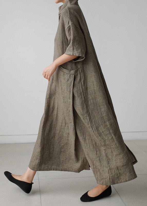 Grey Peter Pan Collar Pockets Linen Long Dresses Short Sleeve