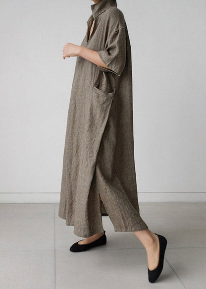 Grey Peter Pan Collar Pockets Linen Long Dresses Short Sleeve