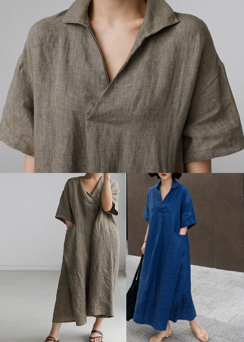 Purple Peter Pan Collar Pockets Linen Long Dresses Short Sleeve
