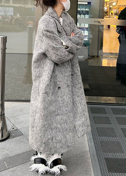 Grey Peter Pan Collar Pockets Patchwork Ma Hai Mao Coat Winter