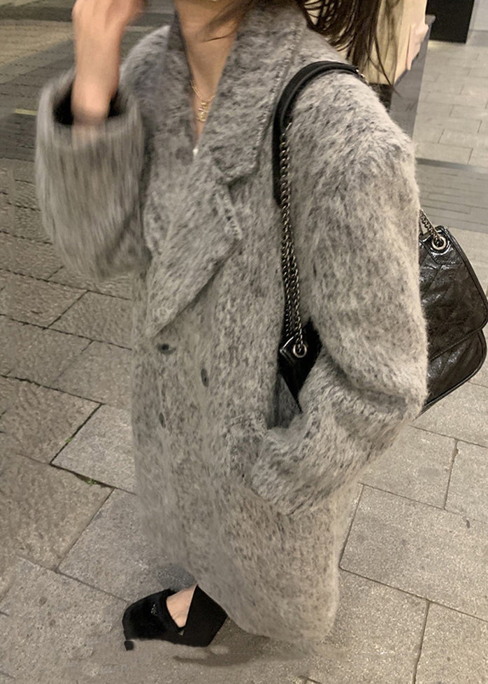 Grey Peter Pan Collar Pockets Patchwork Ma Hai Mao Coat Winter