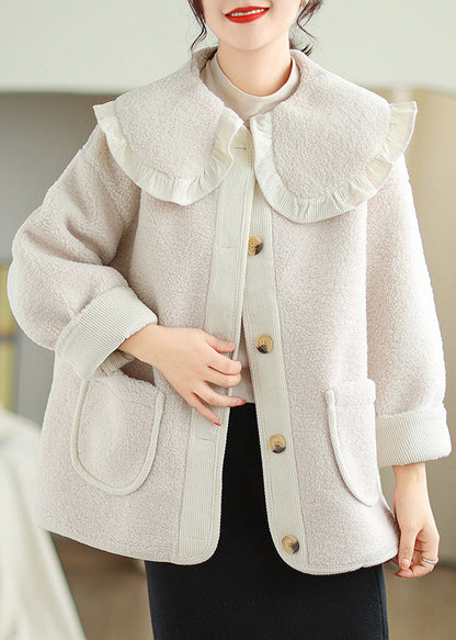 Grey Peter Pan Collar Pockets Teddy Faux Fur Coat Winter