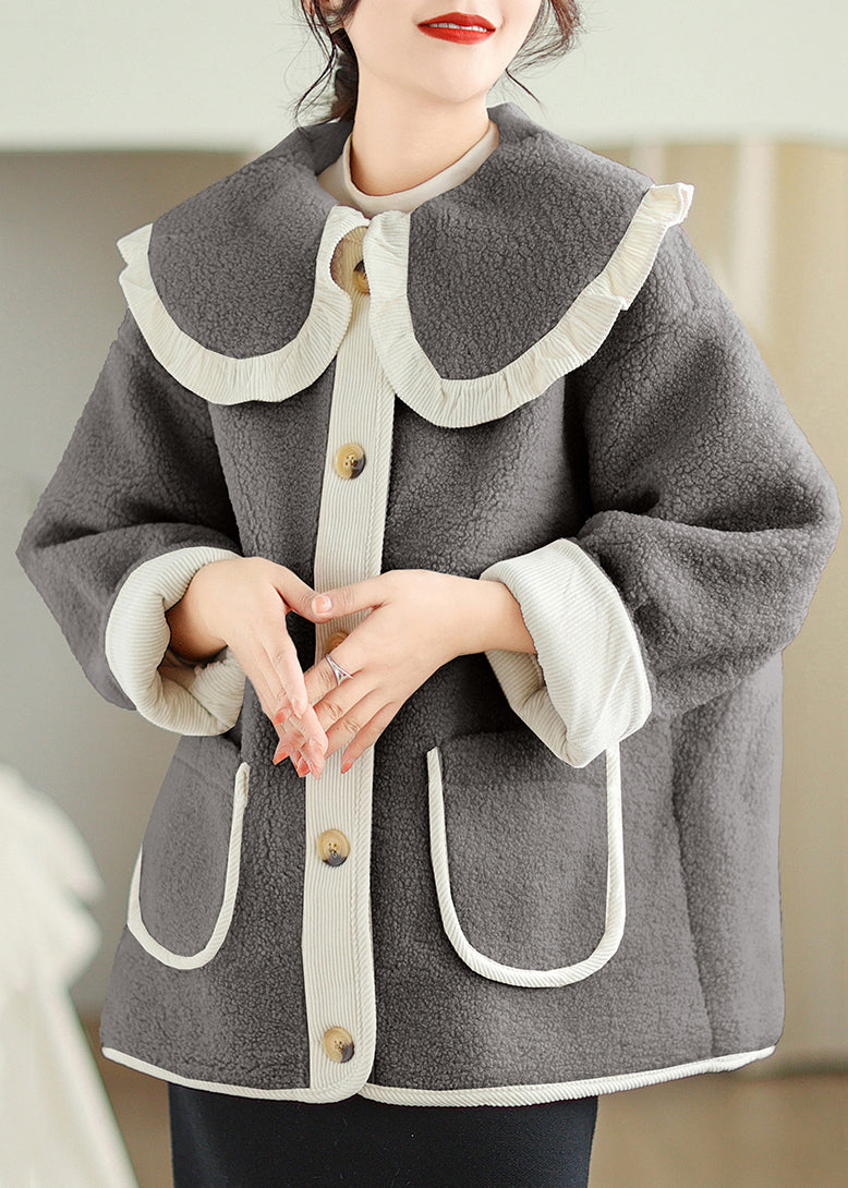 Grey Peter Pan Collar Pockets Teddy Faux Fur Coat Winter