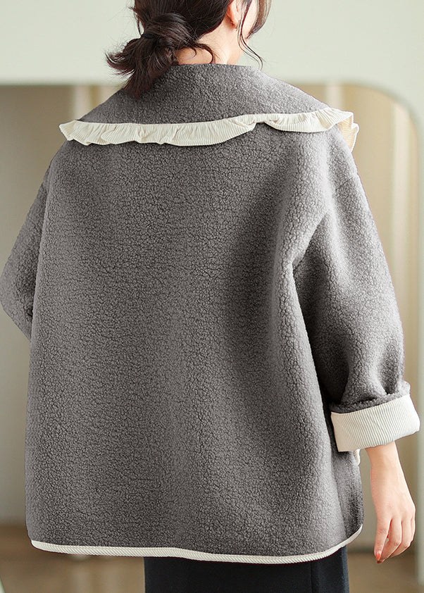 Grey Peter Pan Collar Pockets Teddy Faux Fur Coat Winter