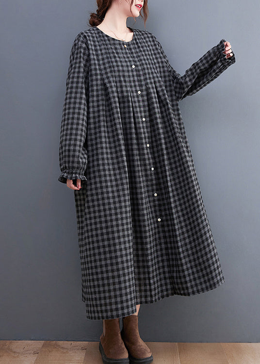 Grey Plaid O-neck Button Maxi Dresses Long Sleeve