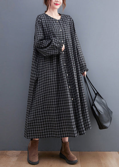 Grey Plaid O-neck Button Maxi Dresses Long Sleeve