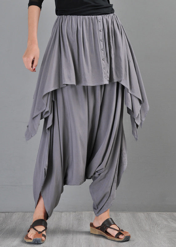 Grey Pockets Draping Cotton Pants Skirt Summer