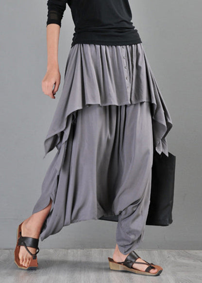 Grey Pockets Draping Cotton Pants Skirt Summer