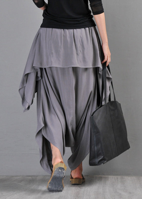 Grey Pockets Draping Cotton Pants Skirt Summer
