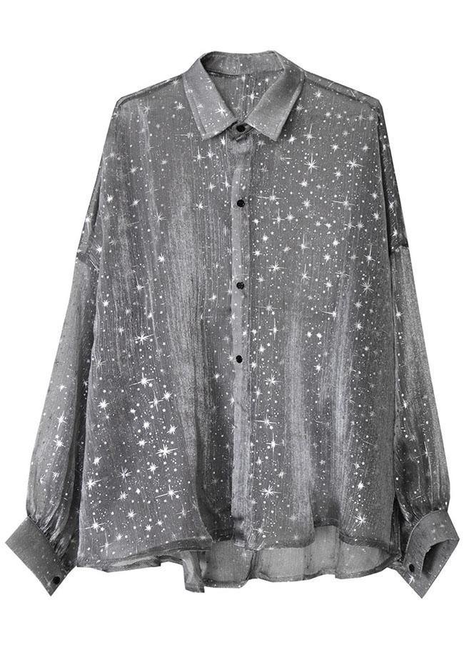 Plus Size Grey Print Peter Pan Collar Button Blouse Top