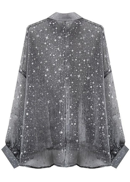 Plus Size Grey Print Peter Pan Collar Button Blouse Top