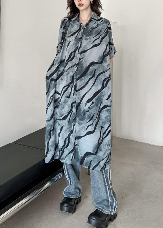 Grey Print Pockets Patchwork Cotton Shirts Dresses Fall