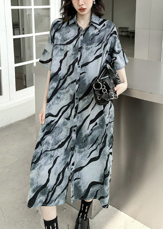 Grey Print Pockets Patchwork Cotton Shirts Dresses Fall