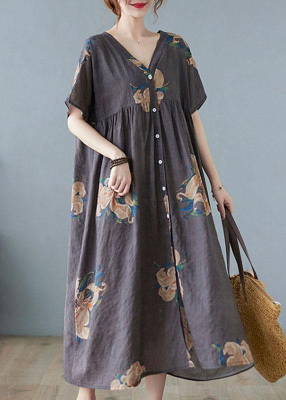 Grey Retro Button Summer Print Half Sleeve Maxi Dress