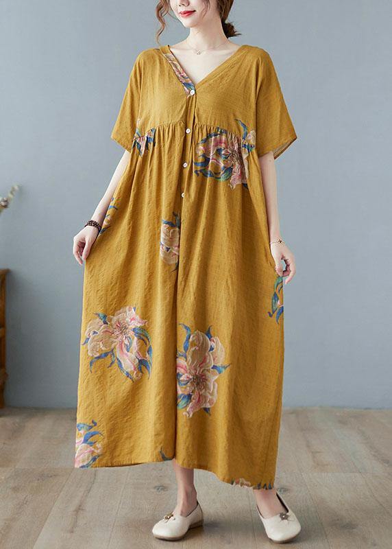 Grey Retro Button Summer Print Half Sleeve Maxi Dress