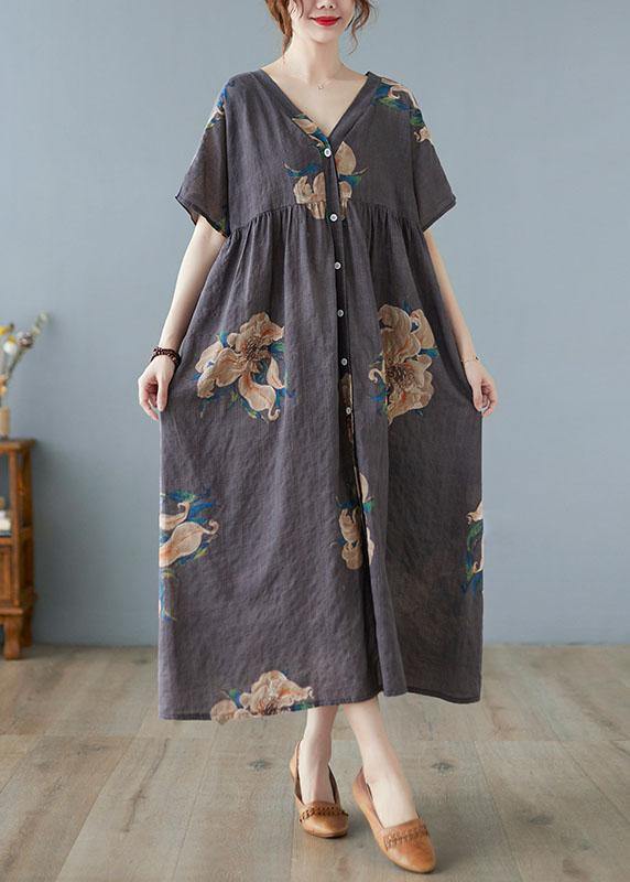 Grey Retro Button Summer Print Half Sleeve Maxi Dress