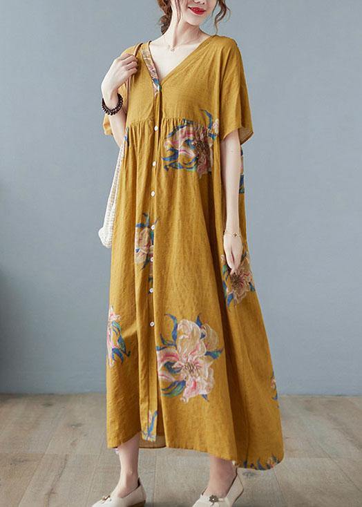 Red Flower Retro Button Summer Print Half Sleeve Maxi Dress