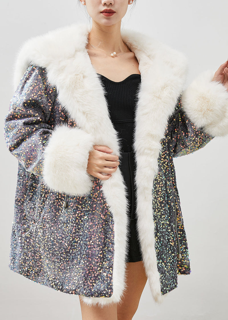 Grey Sequins Warm Faux Fur Velour Hoodie Coat Winter