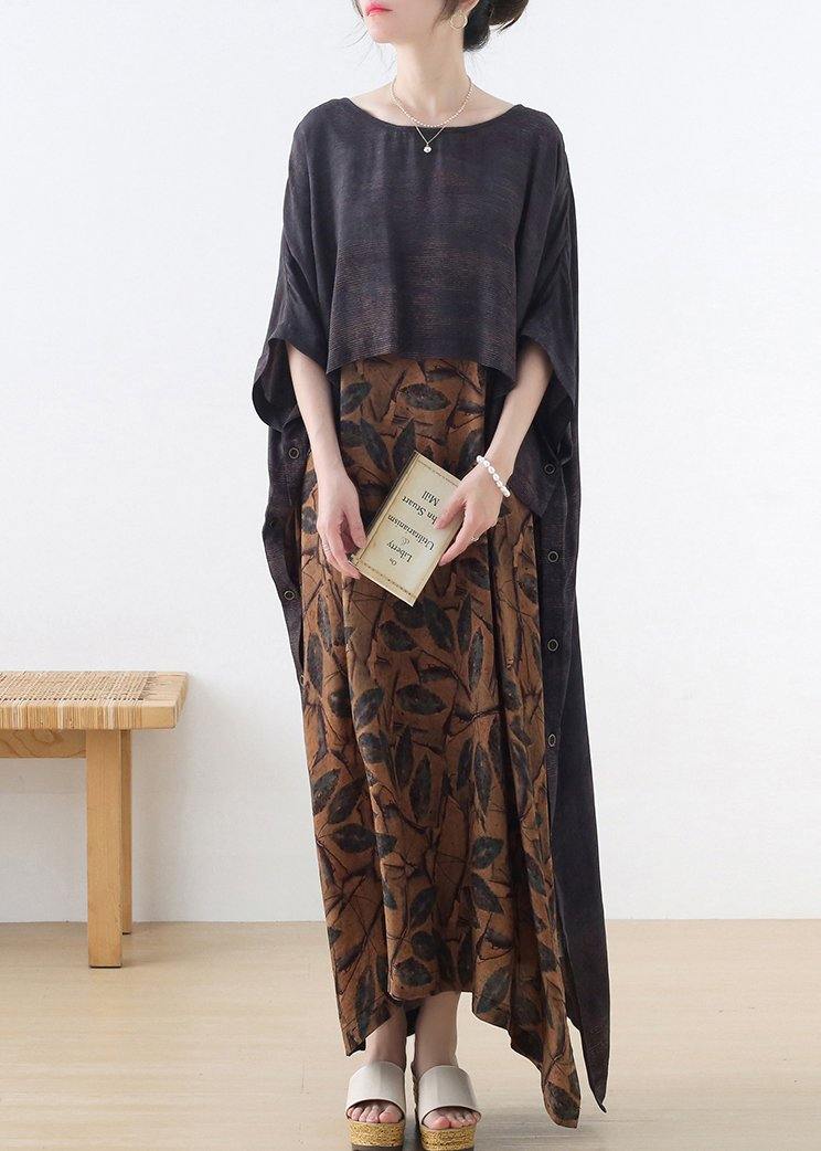 Grey Silk Blended Patchwork Print Holiday Dress Summer