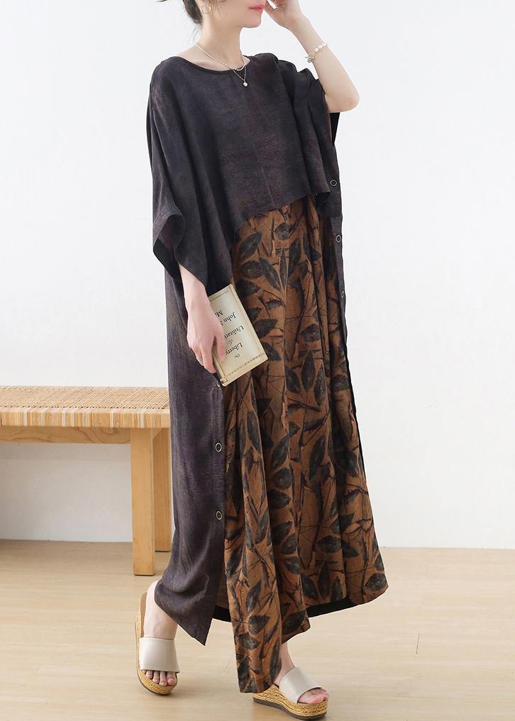 Grey Silk Blended Patchwork Print Holiday Dress Summer