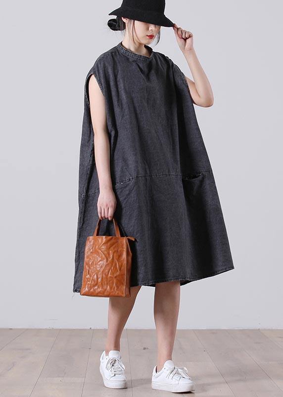 Grey Sleeveless Pockets Loose Vacation Summer Cotton Dress