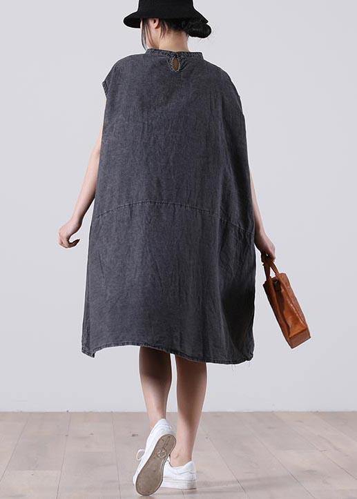 Grey Sleeveless Pockets Loose Vacation Summer Cotton Dress