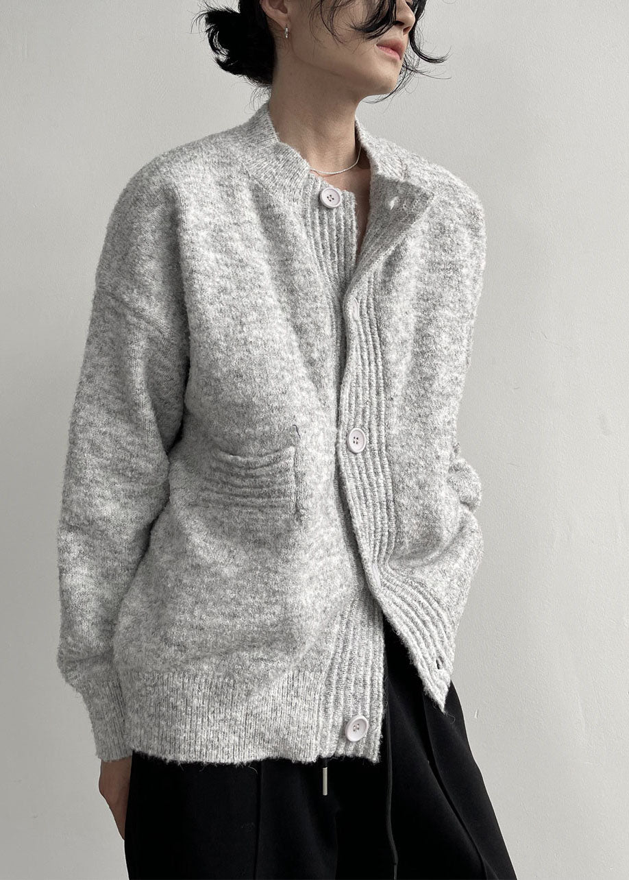 Grey Stand Collar Oversized Cozy Wool Man's Cardigans Winter