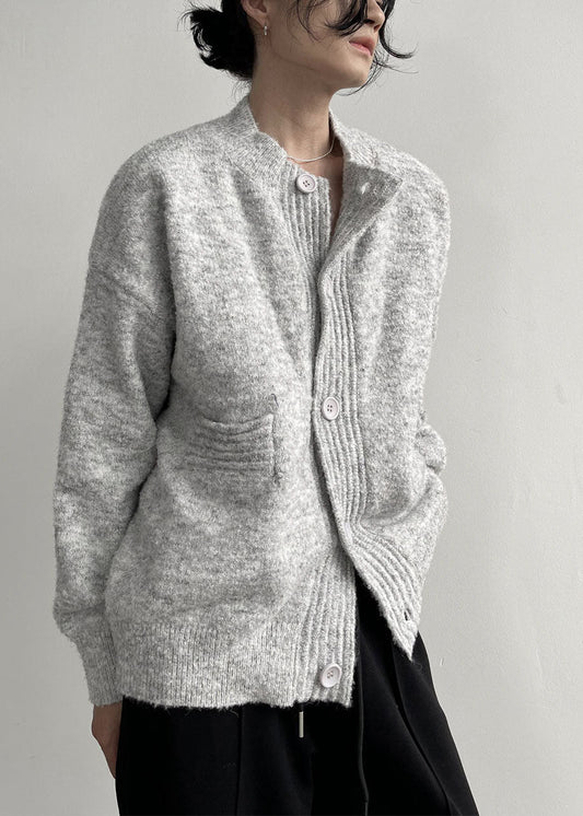 Grey Stand Collar Oversized Cozy Wool Man's Cardigans Winter