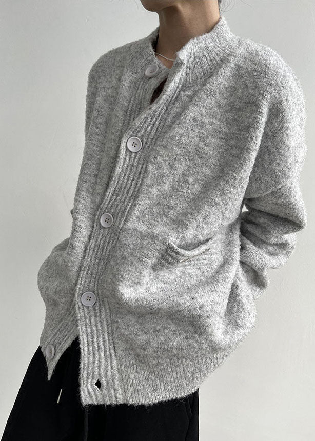 Grey Stand Collar Oversized Cozy Wool Man's Cardigans Winter