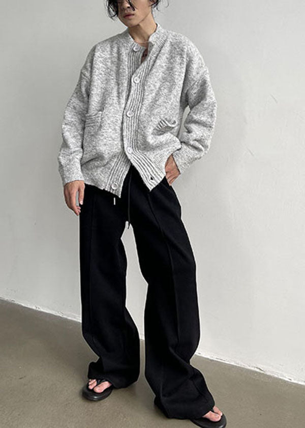 Grey Stand Collar Oversized Cozy Wool Man's Cardigans Winter