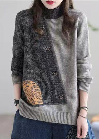 Grey Stand Collar Patchwork Button Knit Sweaters Winter