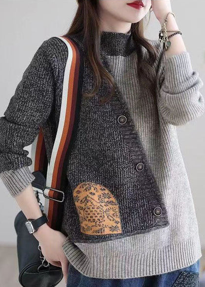 Grey Stand Collar Patchwork Button Knit Sweaters Winter
