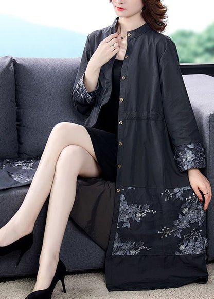 Grey Tie Waist Lace Patchwork Cotton Trench Long Sleeve