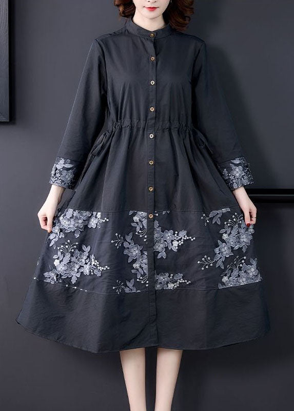 Grey Tie Waist Lace Patchwork Cotton Trench Long Sleeve