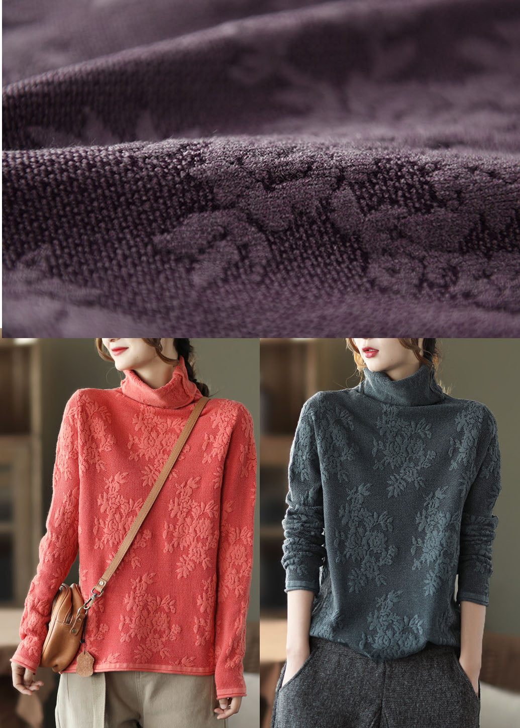 Grey Turtle Neck Thick Knit Pullover Spring