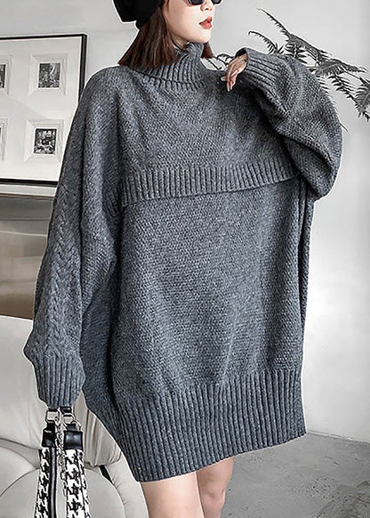 Grey Turtleneck Cozy Chunky Oversized Knitted Cotton Sweater Winter