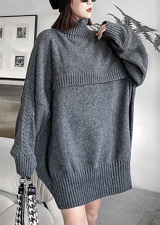 Grey Turtleneck Cozy Chunky Oversized Knitted Cotton Sweater Winter