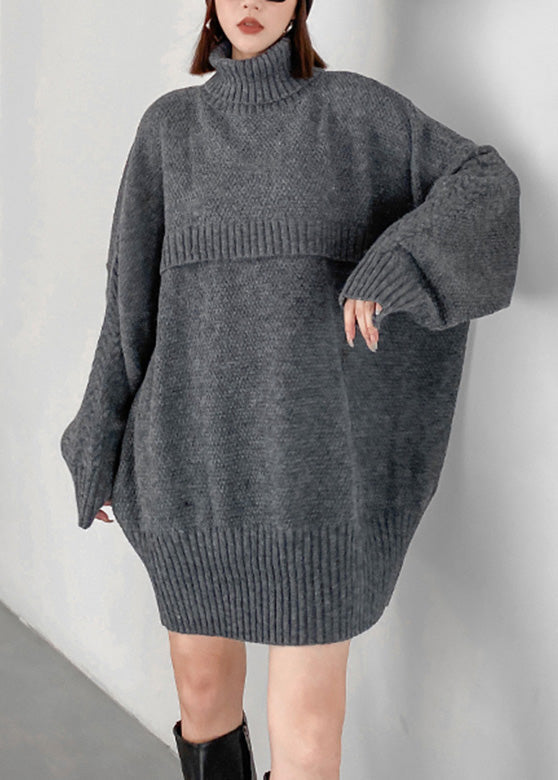 Grey Turtleneck Cozy Chunky Oversized Knitted Cotton Sweater Winter