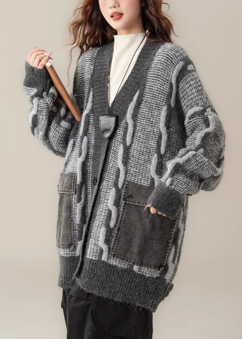 Grey V Neck Pockets Patchwork Knit Coats Spring